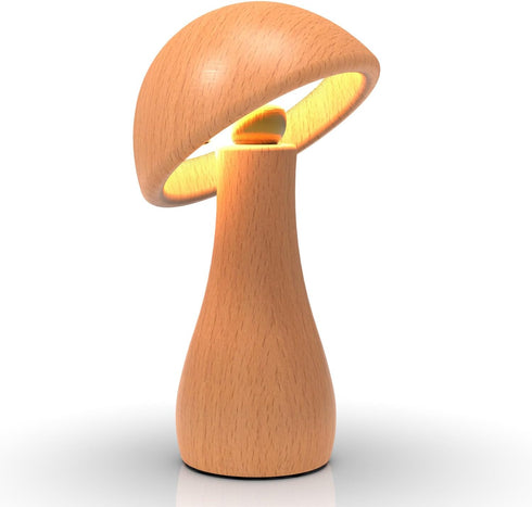 LONRISWAY Dimming, 360 Wooden Mushroom Lamp, Portable Cordless Touch Switch Rechargeable Battery Operated Lamp,Stepless