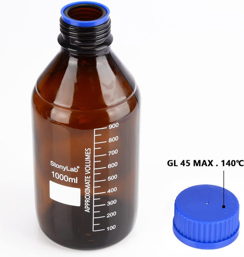 stonylab Storage Bottles with GL45 Screw Cap, 1000 ml Amber Borosilicate Glass Graduated Round Bottle