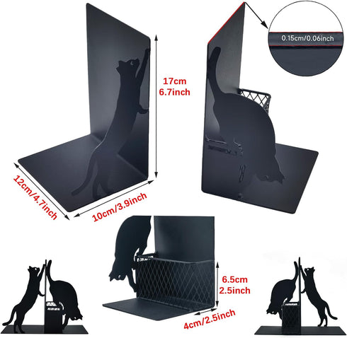 Cat Book Ends for Shelves, Metal Decorative Book Ends with Pen Holder, Fun Unique Bookends, Cool Black Cat Bookends