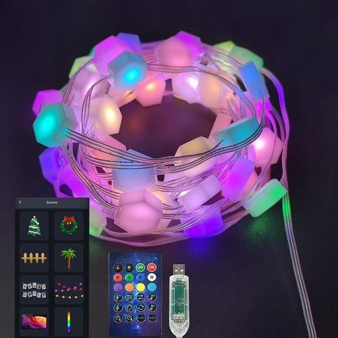 FONTU Smart LED Hexagon String Lights 32.8FT, APP & Remote Control RGB Color