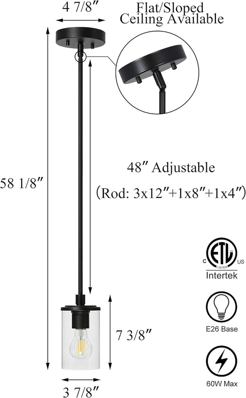 XiNBEi Lighting Mini Pendant Light, 1 Light Kitchen Pendant with Glass, Modern Black Adjustable Ceiling Lighting