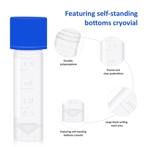 50pcs 2ml Small Plastic Vials with Leak Proof Caps, Self-Stand Cryotubes for Low Temperature Storage