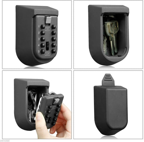 Indoor & Outdoor Key Lock Box Wall Mounted Push Button Combination Safe Storage with Black Rubber Cover