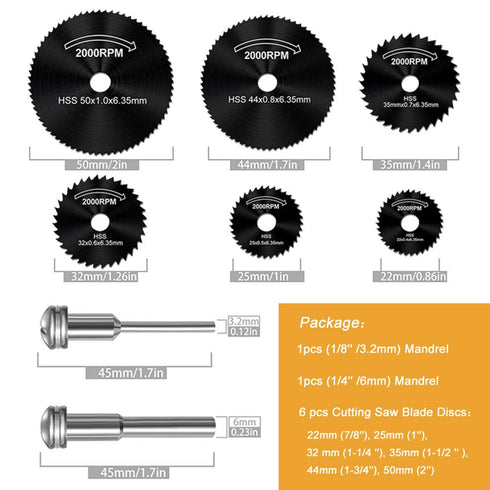 6 Pcs Rotary Drill Saw Blades, Steel Saw Disc Wheel Cutting Blades with 1/8" Straight Shank Mandrel