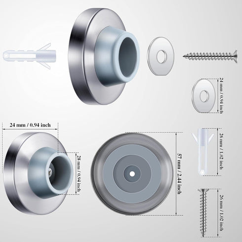 Pangda Concave Wall Door Bumper Stop, Silver Stainless Steel with 1-1/8 Inch Gray Round Rubber Protector (4 Pieces)