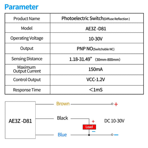 AURTRR NO+NC,DC10-30V,Distance:80cm/31.52'', AE3Z-D81,Reflective Micro Photoelectric Sensor Switch PNP photovoltaic