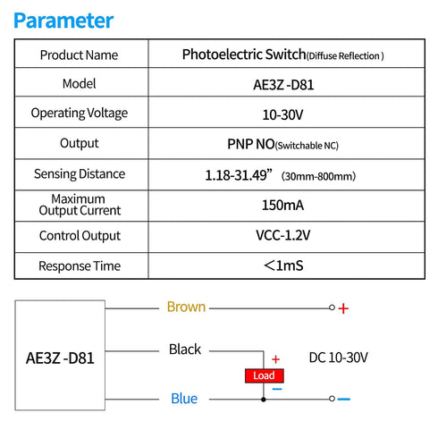 AURTRR NO+NC,DC10-30V,Distance:80cm/31.52'', AE3Z-D81,Reflective Micro Photoelectric Sensor Switch PNP photovoltaic