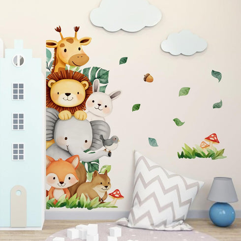 Yovkky Jungle Animals Wall Decals Stickers, Safari Giraffe Lion Elephant Fox Bunny Squirrel Bird Toddler Baby Nursery