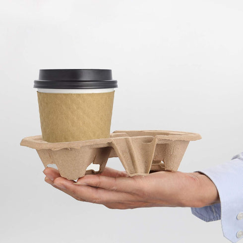HOZEON 100 Pack 2-Cup Pulp Fiber Drink Carrier, to Go Coffee Cup Holder, Disposable Drink Carrier Tray for Hot or Cold