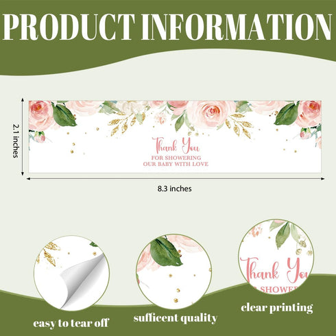 KongMoTree 100 Pcs Baby Shower Water Bottle Labels, Personalized Water Bottle Labels, Baby Shower Sticker, Pink Floral
