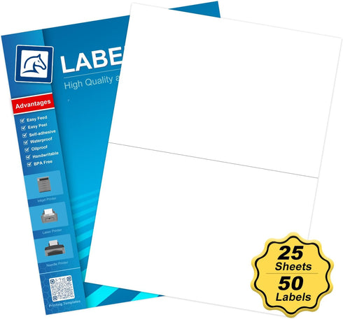 Half Sheet Self Adhesive Shipping Labels, 8.5" x 5.5", White Blank Mailing Labels, 25 Sheets, 50 Labels