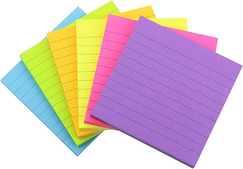 Early Buy 6 Bright Color Lined Sticky Notes, Self-Stick Notes 3 in x 3 in, 100 Sheets/Pad, 6 Pads/Pack