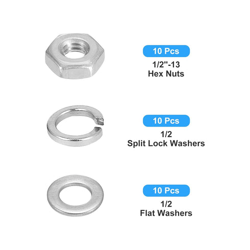 30Pcs Hex Nuts Assortment Kit, 1/2"-13 Hex Nuts with 1/2 Flat Washers & Split Lock Washers, 304 Stainless Steel Hardware