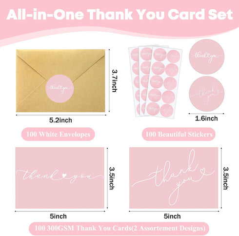 Supervitae 100 Pack 3.5 5 Inch Pink Thank You Cards Bulk with Envelopes and Stickers x Thank You Cards for Baby Shower