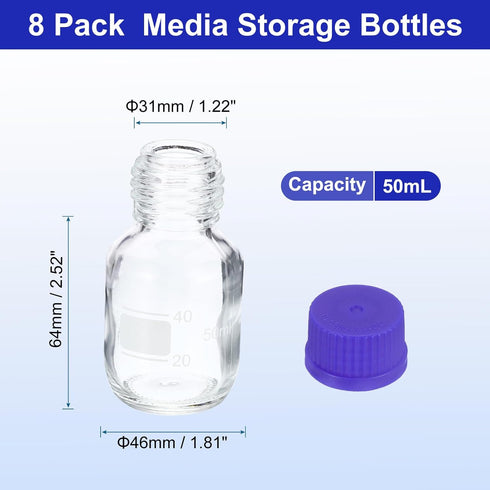 PATIKIL 8 Pack Reagent Media Storage Bottles, 50ml Borosilicate Glass Graduated Round Bottles with GL32 Blue Screw Cap for Lab Water Reagent Liquids, Clear by PATIKIL