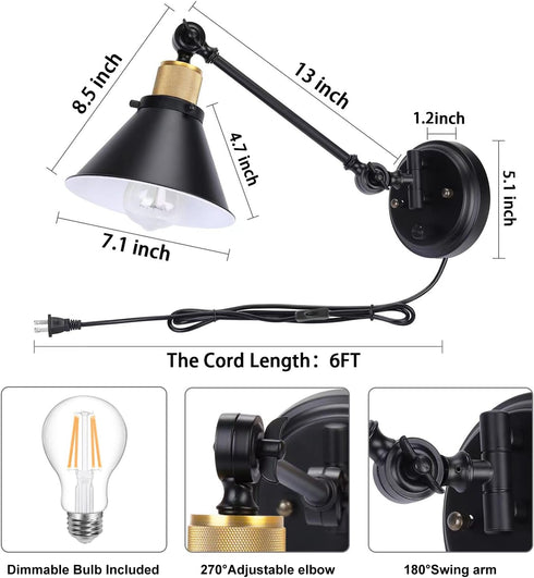 Dimmable Dimmer Room(1 Pack, 1 Bulb TRLIFE Wall Sconce Plug in, Wall Sconce Wall Lights with Plug in Cord and On/Off