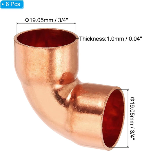 PATIKIL 3/4" ID 1mm Thick Elbow Copper Fitting, 6pcs 99.9% Pure Copper Pipe Fitting 90 Degree Connector
