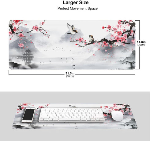Cherry Blossom Mouse Pad Gaming Mouse Pad 31.5 X 11.8 Inch Japanese Pink Sakura Mouse Pad Stitched edges Rubber Base Non-Slip WaterProof Large Mouse Pad suitable Desk/Office/Game by Sweetshow