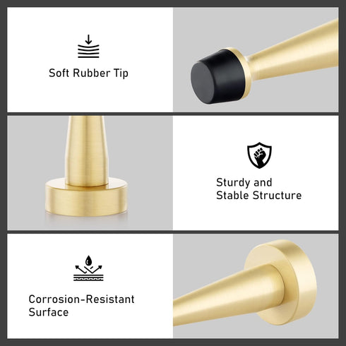 QOGRISUN Heavy Duty Solid Brass Door Stops, 3-1/4-inch Decorative Gold Wall Protector with Rubber Bumper Tip