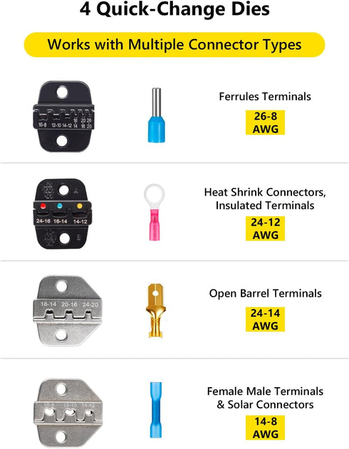 4 (24-14AWG) YUZES Automatic Wire Stripper and Crimping Tool Kit for Heat Shrink, Insulated Terminals, Open Barrel