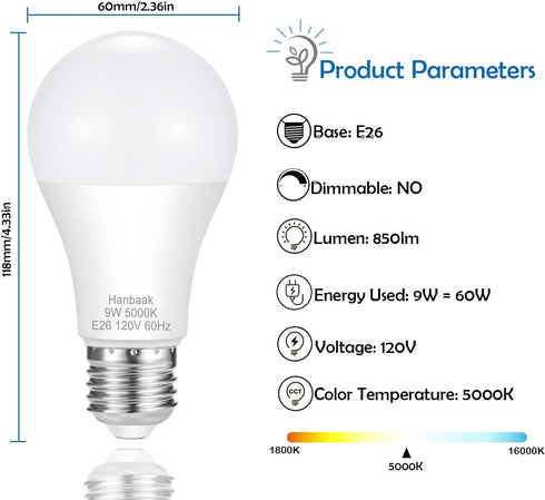 E26 LED Bulb, 60W Equivalent Light Bulb, 9W Medium Screw Base Bulb, Non-Dimmable, Daylight White 5000K 4 Packs by Hanbaak