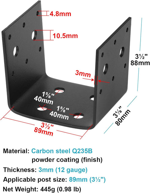 4 PCS Black Half Post Base for 4 x 4 Post Anchor Connector, Heavy Steel Mounting Joist Hanger Brackets