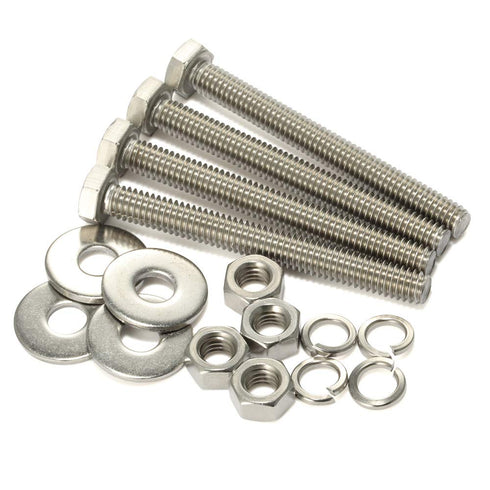 3/8-16 x 5 Hex Head Bolts with Hex Nuts, Thick Flat & Lock Washers, Fully Threaded Stainless Steel 18-8, 4 Sets
