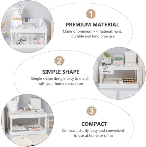 Hemoton Desktop Storage Rack Organizer, Double-Layer Cosmetic Stationery Holder for Kitchen Bathroom Office, White