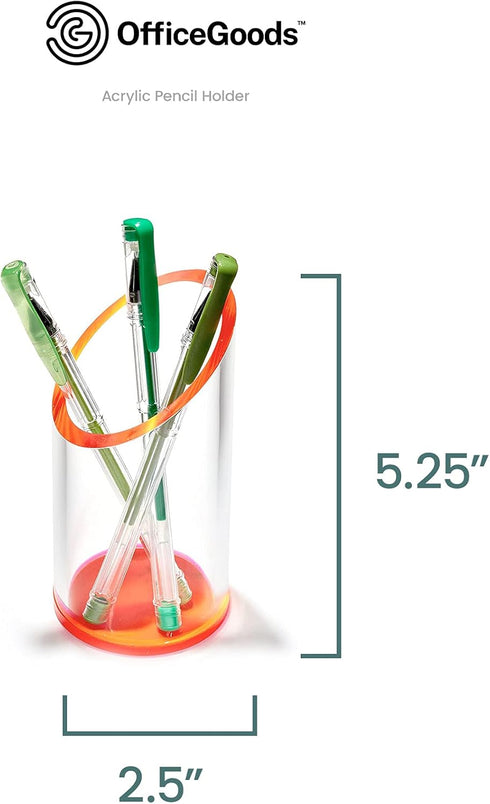 OfficeGoods Acrylic Pen & Pencil Holder, Modern Desk Organizer, 5.25” H x 2.5” W, Neon Red