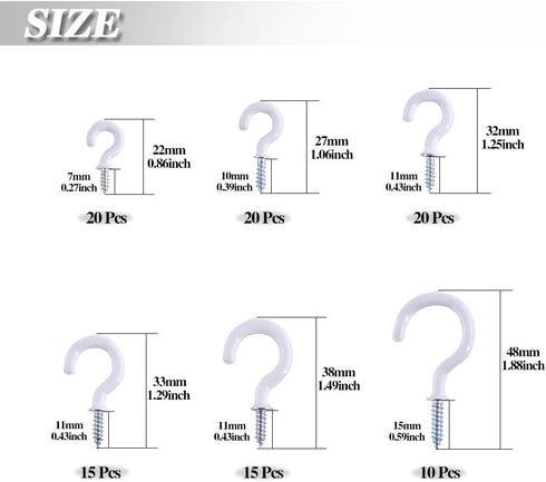 Swpeet 100Pcs White Cup Hooks Assortment Kit, Vinyl Coated Ceiling & Wall Hooks for Home, Office