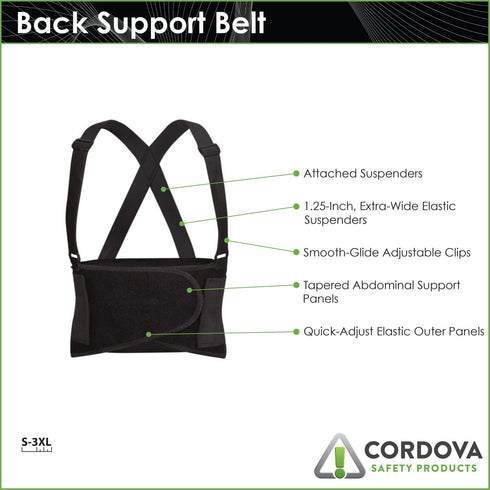 Cordova SB-XL Adjustable Back Support Belt with Attached Suspenders, X-Large, Black