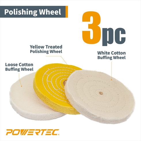 POWERTEC 6 Inch Polishing Wheels Kit - 3 Pack with Yellow, Loose Cotton & White Cotton Buffing Wheel (71631)