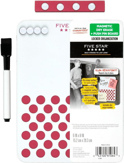Five Star Locker Accessories, Locker Dry Erase Board + Push Pin Board, Magnetic, 6" x 8", Red (73543)