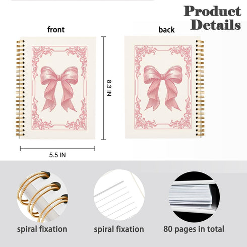 Pink Bow Coquette Journal - 5.5x8.3 Hardcover Spiral Notebook, Preppy Aesthetic Desk Accessories for Women