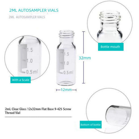 2ml HPLC Vial, 9-425 Borosilicate Autosamper Vial with Graduation, Clear Sample Vial and 9mm Blue Screw Cap with Hole, Red PTFE&White Silicone Septa, Pack of 100