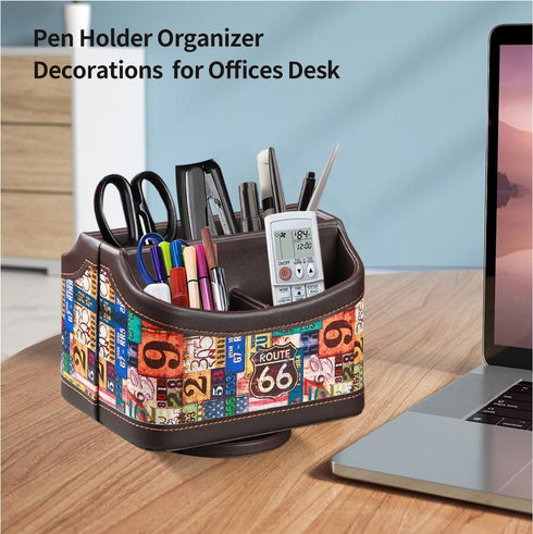 PUSU Colorful Pattern Remote Control Holder, PU Leather 360° Rotatable Nightstand Organizer for TV Remotes/Office