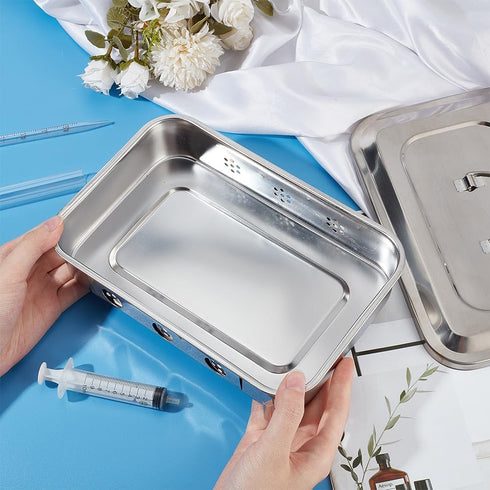 OLYCRAFT Stainless Steel Instrument Tray Organizer, 6.3x9.4x2.1 Inch Solid Box with Lid for Lab Instrument Tools