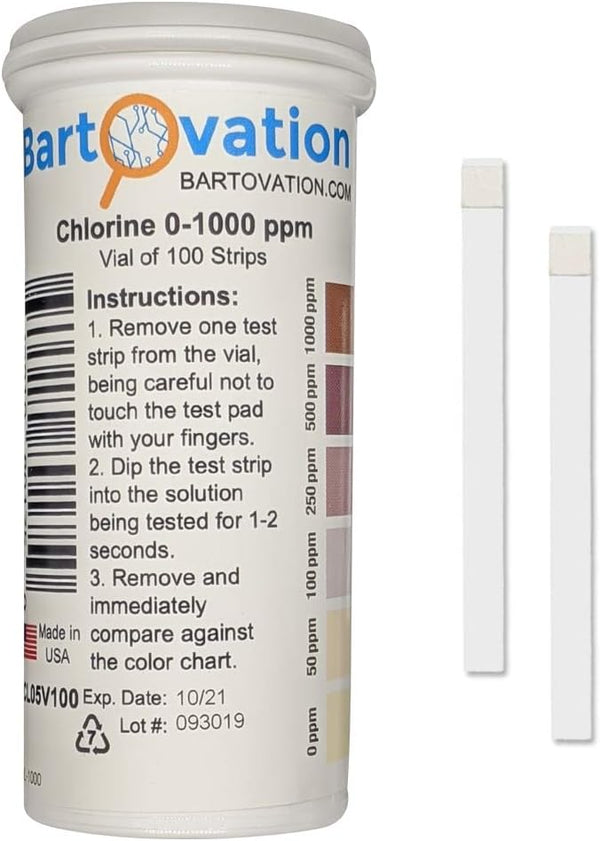 Free Chlorine/Bleach Test Strips, 0-1000 ppm, Vial of 100 Strips