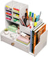 Upgraded Desktop Stationary Organizer with Drawer, DIY White Pencil Holder for Home, Office and School Tidy Caddy