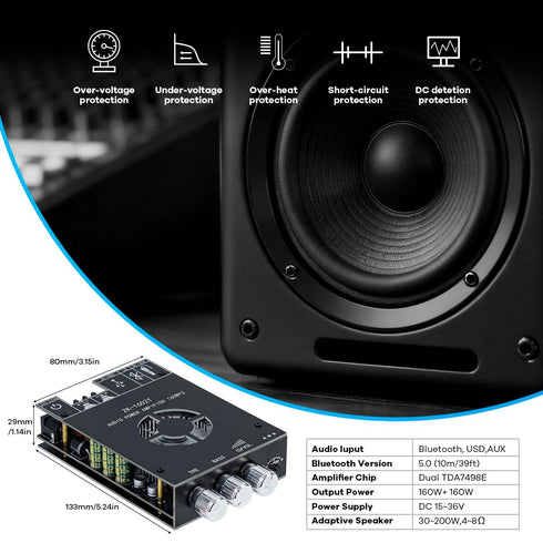 ZK-1602T 2.0 160W+160W 15-36V 5.0 Hosyond Bluetooth Amplifier Board, Channel Stereo Audio Amp with Treble & Bass