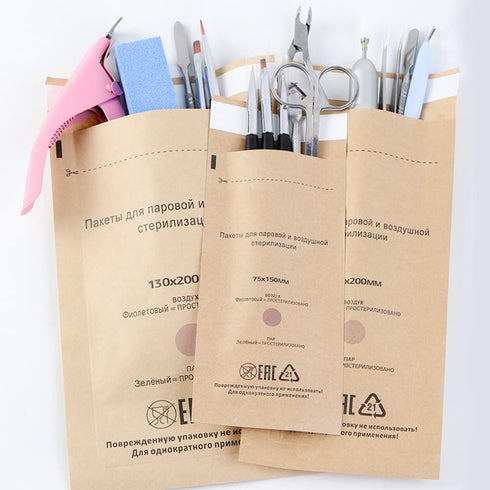 100 Self-Sealing Cleaning Pouches, Dry Heat Autoclave Kraft Paper Bags for Dentist Tools and Nail Art Supplies
