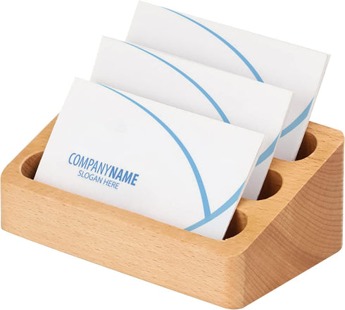 Wood Business Card Holder Desk - 3 Grids Wooden Business Card Display Stand for Office and Home (3 Packs)