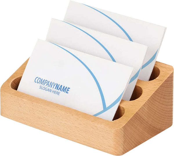 Wood Business Card Holder Desk - 3 Grids Wooden Business Card Display Stand for Office and Home (3 Packs)