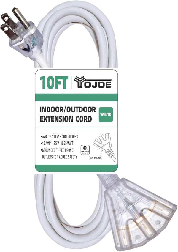 YOJOE White 10 ft Outdoor Extension Cord - 3 Prong Multiple Outlets Lighted Waterproof Power Cable