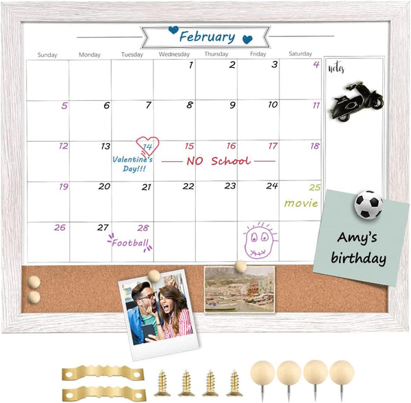 Whiteboard Calendar & Corkboard, 13" x 17" Combination Dry Erase & Bulletin Board with White Wood Frame