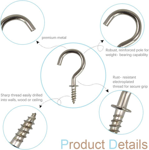 50Pcs 7/8 Inches Brass Plated Ceiling Hooks, Screw Hooks, Silver
