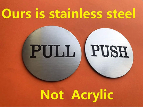 SUQ I OME 3" Round Brushed Stainless Pulls - Premium Push Pull Door Sign & Safety Decals, Silver