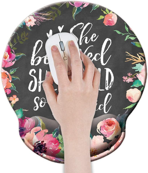 She Believed She Could So She Did Mouse Pad, Watercolor Floral with Wrist Support for Computer