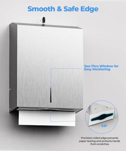 Commercial Paper Towel Dispenser Wall Mount, Brushed Stainless Steel Paper Towel Holder with Lock for Multifold/Trifold