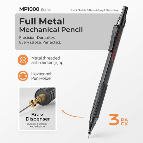 Nicpro 0.9 Metal Mechanical Pencil Set with Case, 3PCS Black Drafting Pencil, 8 Tubes HB Lead Refills, 3PCS Erasers
